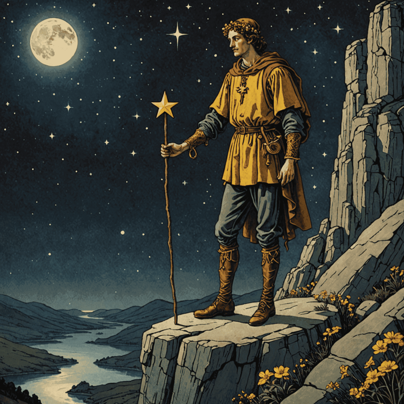 Una ilustración del arcano mayor 'El Loco' del Tarot, mostrando una figura con un hatillo caminando al borde de un acantilado bajo un cielo estrellado