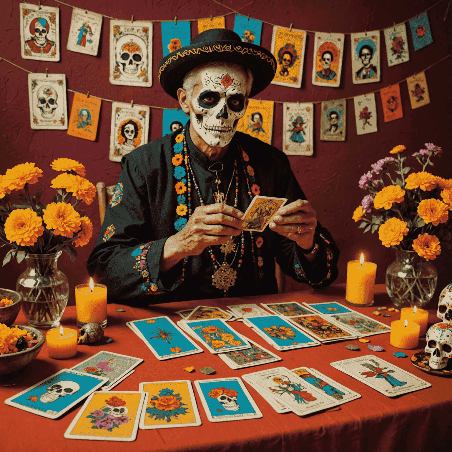 Imagen de un lector de tarot mexicano tradicional realizando una lectura con cartas coloridas y elementos culturales mexicanos como calaveras de azúcar y flores de cempasúchil