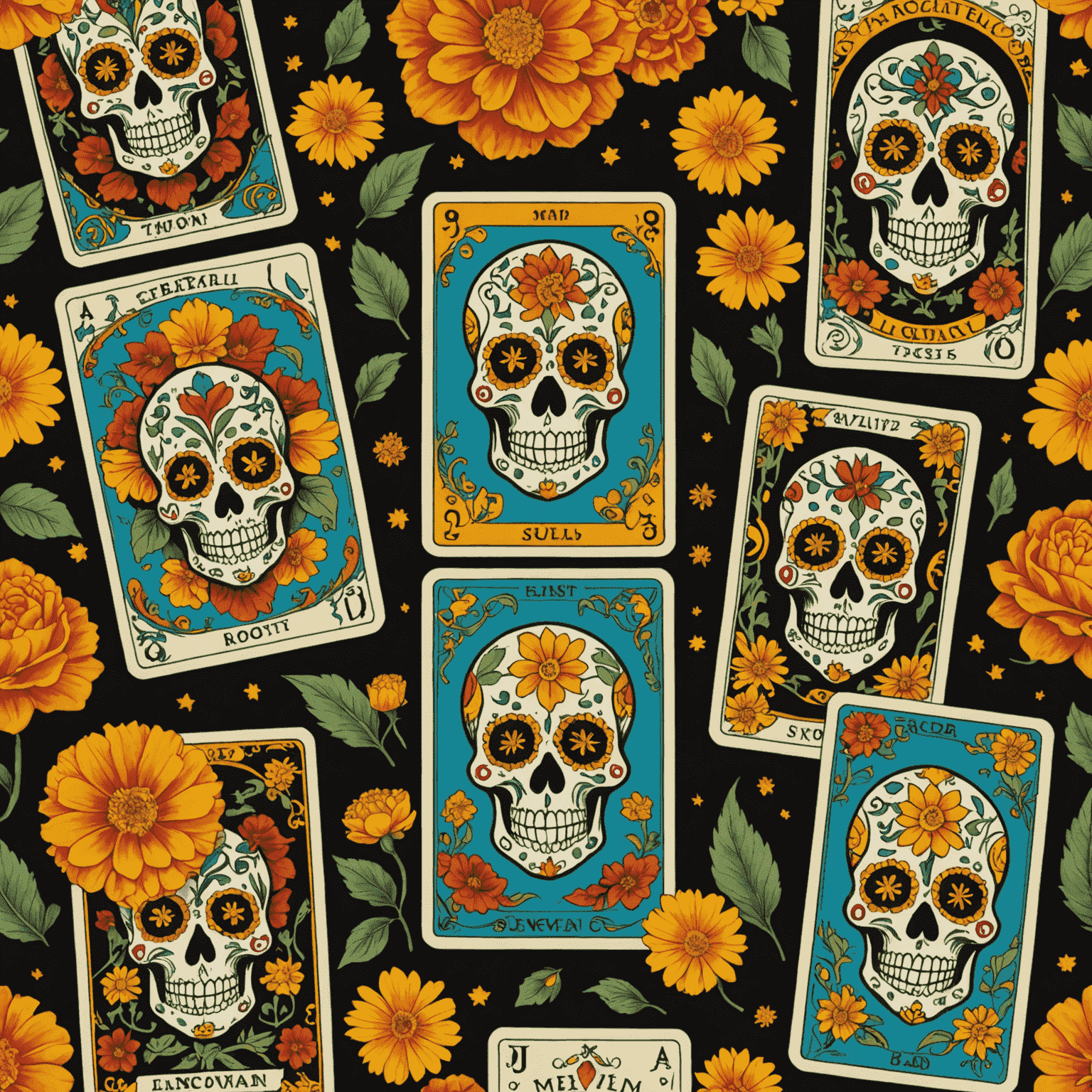 Una imagen colorida que muestra cartas de tarot con diseños inspirados en la cultura mexicana, incluyendo calaveras de azúcar y flores de cempasúchil